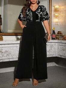 Cravure Autumn And Winter Sequined Velvet Patchwork Jumpsuit - Black - View 1