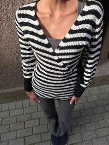 SHEIN PariChic Cardigan Rajut Lengan Panjang Leher V Motif Blok Warna untuk Wanita, Musim Gugur/Dingin - Hitam - View 4