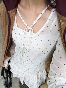 FRIFUL 女士波点印花荷叶边长袖衬衫，夏季 - 白色 - 查看 3