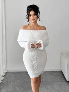 Elenzga Women's Elegant Off Shoulder Long Sleeve Loose Knit Sweater Dress, Suitable For Outings, Wedding Guests, Autumn/Winter