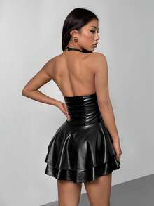 SHEIN PETITE Damklänning med Y2k-motiv, Gyaru, konsert, klubb, fest, festival, rave, Y2k, utekväll, korsband, PU-läder, öppen rygg, mini-halterneck, svart - Svart - Visa 2