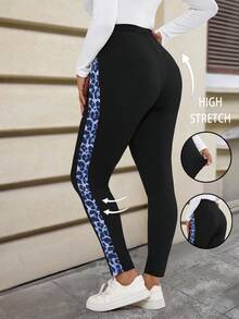 EMERY ROSE Leggings de estampado de leopardo con parches, de estiramiento, de talla grande, de uso casual y diario, para otoño - Azul - Ver 1