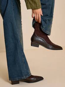 Daringsoles Women's Pointed Toe Slip-On Knee-High Boots, Black Smooth Leather Chunky Heel Mid-Calf Sexy Versatile Tall Boots - Coffee Brown - View 4