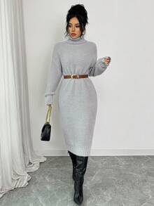 Elenzga Váy len cổ cao giản dị thu đông cho nữ, viền bất đối xứng, váy len midi dáng rộng - Màu Xám nhạt - Xem 1