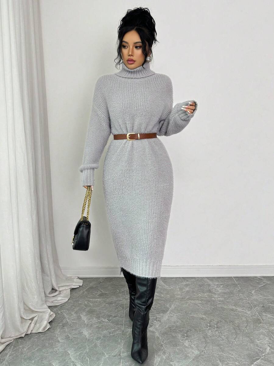 Elenzga 女士秋冬休闲高领针织连衣裙，不对称下摆，宽松中长款针织连衣裙 - 淺灰色 - 查看 1