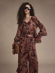 Florisole 女士优雅休闲荷叶边喇叭袖宽松系腰连体裤，秋冬浪漫衬衫裤套装波西米亚风女装 - 黑色 - 查看 4