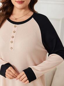 Lacomfia Váy len dệt kim tay raglan phối màu cho nữ, dáng rộng, cổ tròn, cỡ lớn, dài - Bụi hồng - Xem 6