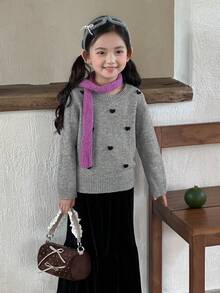 DAZY Young Girls Round Neck Heart Print Short Sleeve Sweater, Autumn/Winter - Grey - View 3