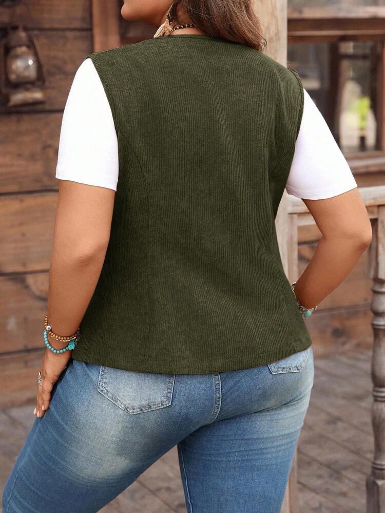 プラスサイズ コーデュロイ 無地 ボタン前開き Vネック カジュアルベストジャケット