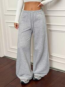 SHEIN PETITE Women's Fall/Winter Minimalist Basic Daily Wear Streetwear Casual Sportswear French Grey Baggy Low Rise Wide Leg Sweatpants - Grey - View 4