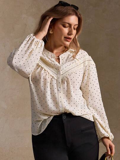 Elegantrix Plus Size Women Polka Dot Lace Decor Casual/Work Shirt, Autumn/Winter