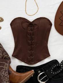 Soleia Sexy Suede Lace Up Rivet Deconstruction Women's Tube Top, Suitable For Holiday, Date, Afternoon Tea, Vacation, Music Festival, Bohemian, Cruise, Beach, Summer, Brown Top - Coffee Brown - View 3