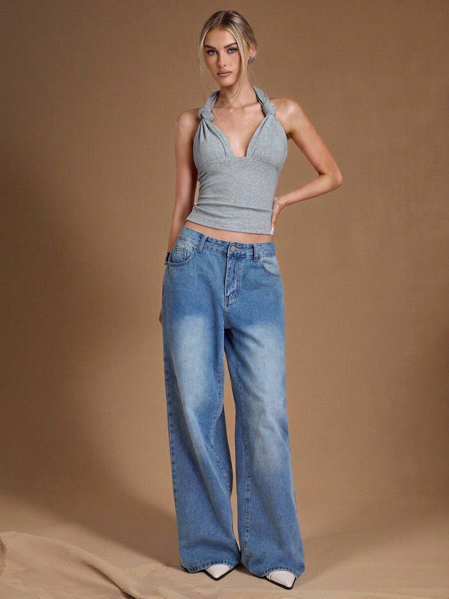 SHEIN BAE 女士露背系带修身短款吊带背心,可爱上衣,日常休闲上衣,秋季女士上衣,冬季女士上衣,万圣节,浅灰色休闲上衣 - 灰色 - 查看 1