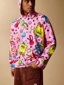SpongeBob SquarePants | SHEIN Men's Cartoon Pattern Casual Versatile Long Sleeve Hoodie Sweatshirt - Pink - View 5