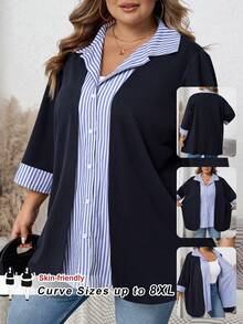 SHEIN CURVE+ Áo kiểu nữ cỡ lớn tay lửng in họa tiết sọc phối màu, dáng rộng, màu xanh navy, áo sơ mi sọc xanh navy, áo cardigan xanh navy, áo công sở nữ, áo kiểu học sinh, trang phục thu đông, đồ đi học, áo nữ giáo viên, phong cách đồng quê. - Nhiều màu - Xem 1