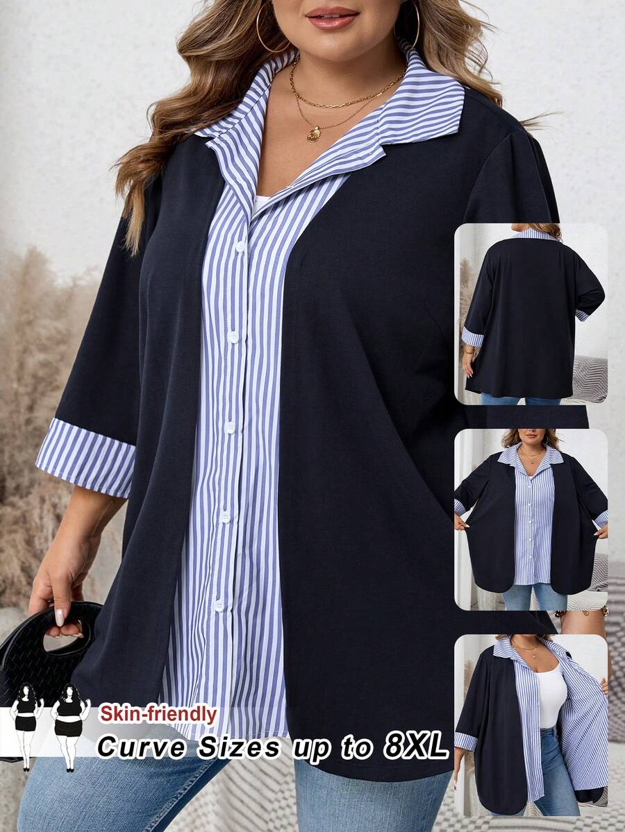 SHEIN CURVE+ Áo kiểu nữ cỡ lớn tay lửng in họa tiết sọc phối màu, dáng rộng, màu xanh navy, áo sơ mi sọc xanh navy, áo cardigan xanh navy, áo công sở nữ, áo kiểu học sinh, trang phục thu đông, đồ đi học, áo nữ giáo viên, phong cách đồng quê. - Nhiều màu - Xem 1