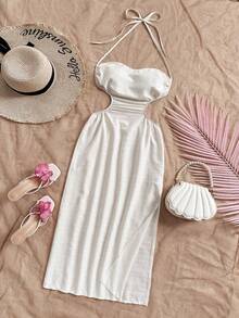 Soleia Vacation Halter Tie Neck Hollow Out High Slit Backless Tie Waist Midi Dress, Blue, Suitable For Vacation, Music Festival, Bohemian, Holiday, Date, Afternoon Tea - Beige - View 6