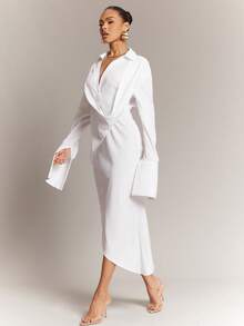 Hauture 女士办公室休闲优雅低领侧开衩超长袖衬衫裙 - 白色 - 查看 4