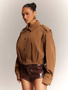Hauture Women's Fall Winter Office Casual Daily With Shoulder Pleated Cropped Trench Coat - Khaki - View 5