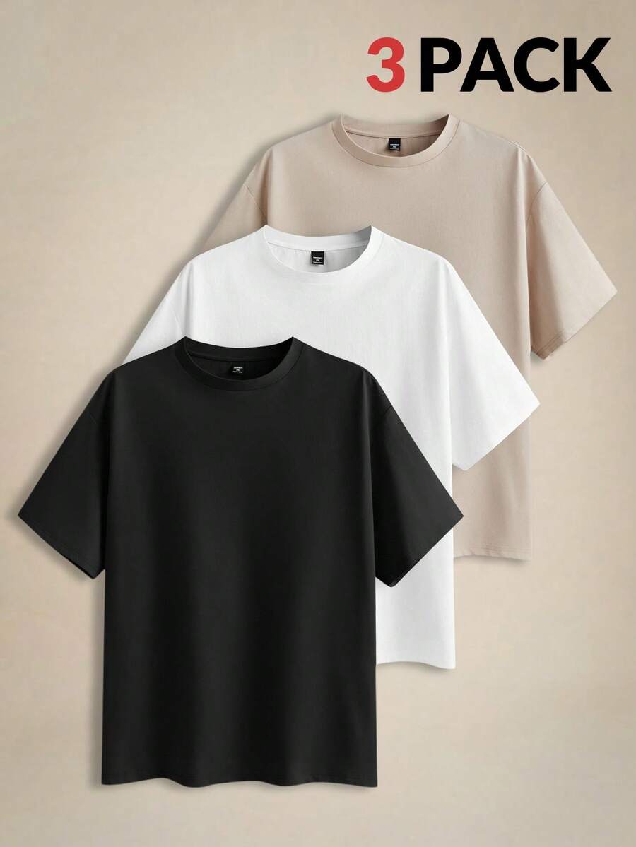 EASEVO 3 Peças/Conjunto Camisetas de Gola Careca de Manga Curta Casuais em Cores Sólidas, Plus Size, Adequadas para Uso Diário no Verão - Preto - Visão 1