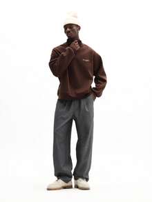 SUMWON 男士宽松版型四分之一拉链高领套头卫衣，带刺绣Logo细节，冬季休闲纯色款 - 咖啡棕 - 查看 5