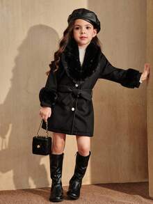 SHEIN 女童仿毛皮领大衣，优雅可爱，厚实保暖，适合小女孩冬季穿着。款式包括：女童冬季外套、黑色女童外套、仿毛皮女童外套、系带女童外套、连衣裙外套、幼儿女童秋季冬季外套。 - 黑色 - 查看 6