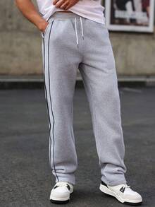 Manfinity Hypemode Men's Casual Sweatpants With Side Stripe Print, Minimalist Daily Wear Gym Sweats Men Sweats Street Wear Pants Flared Sweatpants Men Grey Sweatpants Mens Sweats Mens Wide Leg Track Pants Mens Sweatpants With Side Stripe