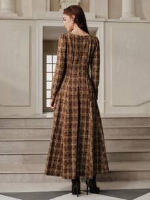 Anewsta Savoree Vestido elegante y vintage con mangas abullonadas a lunares y cuadros, adecuado para otoño, invierno, Año Nuevo, fiestas, bodas - Marrón - Ver 4