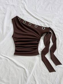 Soleia Blusa ajustada con detalle de ojales, cuello asimétrico con nudo, estilo minimalista y de calle, unicolor, para mujer en verano - Marrón - Ver 4