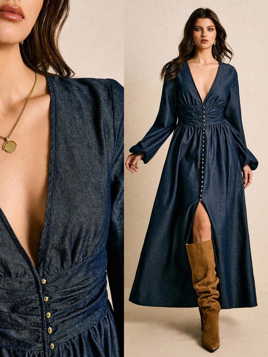 Poéselle Vestido jeans longo extra longo com manga lanterna retrô feminino, vestido ocidental, vestido longo de manga comprida para mulheres, vestido longo jeans para mulheres, vestido jeans de manga comprida para mulheres, vestido longo casual para mulheres - Lavagem escura - Ver 1