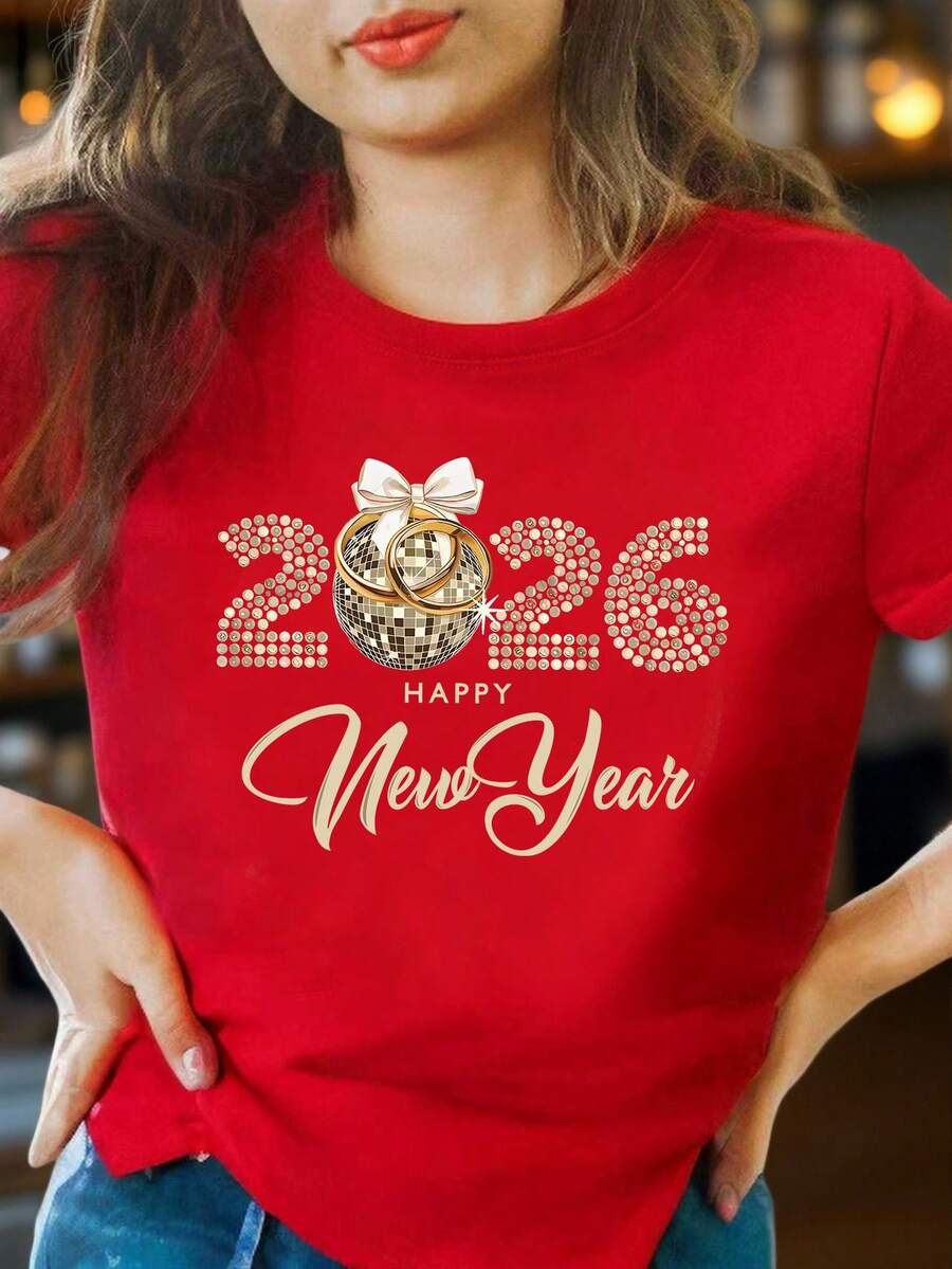 Happy New Year Women's Casual Short Sleeve T-Shirt With Gold Bow,Reflective Ball Decor,2026 Letter Graphic Print,Red And Gold,Summer,Casual,Party - Burgundy - View 1