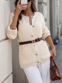 Pariaura Casual Solid Color Cardigan With Dual Pockets, Autumn/Winter Knitted Cardigan For Women Women Sweaters Winter Clothes For Women Sweaters Classic Clothes For Women Neutral Clothes For Women Summer Cardigan For Women - Apricot - View 1