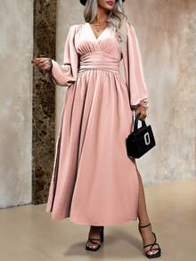 Roveilla Đầm Maxi xẻ tà xếp ly cao cỡ lớn cho nữ - Bụi hồng - Xem 3