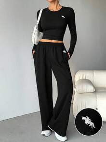 SHEIN Tall 2pcs Black Fitted Embroidered Knit Homewear Set For Women, Summer - Black - View 3