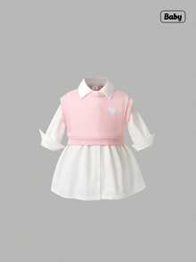 Sweetra 2pcs Baby Girls Casual Black Embroidered Heart Vest And Blue Dress Set - White - View 1