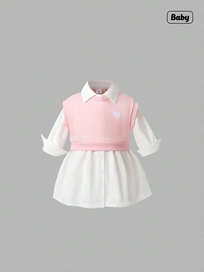 Sweetra 2pcs Baby Girls Casual Black Embroidered Heart Vest And Blue Dress Set