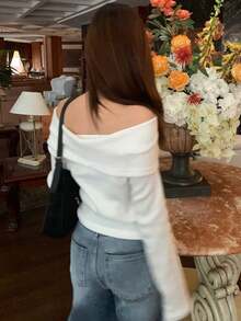 DAZY Teen Girls' Casual Everyday Commute Versatile Solid Color Foldover Off Shoulder Loose T-Shirt, Spring/Autumn