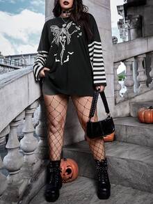 SHEIN CURVE+ Áo thun trễ vai in họa tiết xương & bướm Plus Size dành cho nữ - Nhiều màu - Xem 5