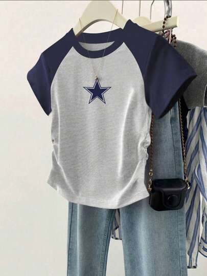 Teen Girl Summer New Star Graphic Print Raglan Sleeve Waist Cut T-Shirt, & Minimalist School Clothes Back To School Clothes Puppy Keep Puppy Graphic Tees