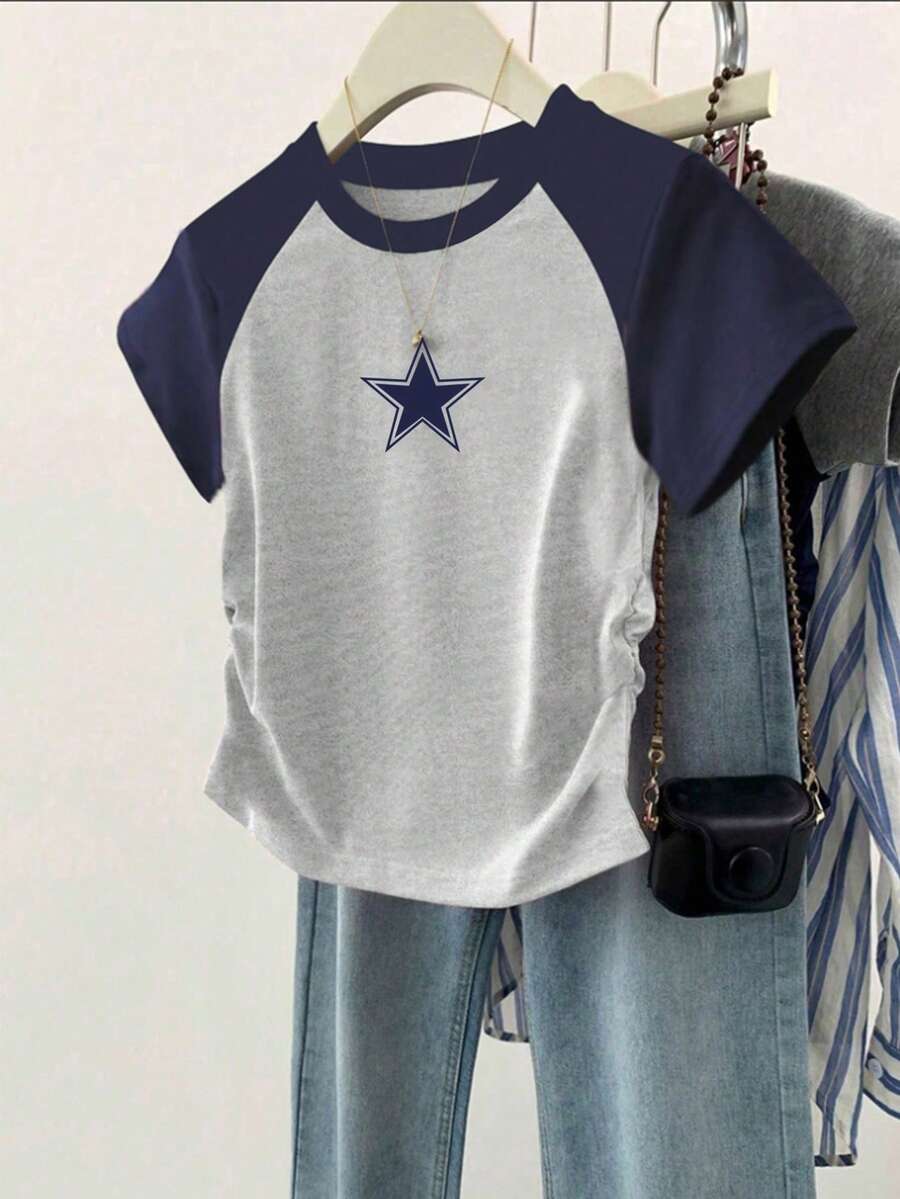 少女夏季新款星星图案印花插肩袖腰部剪裁 T 恤，简约