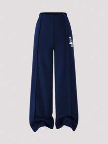 Setelan 2 Potong untuk Anak Perempuan: Sweater Hoodie dan Celana Panjang Rajut Kasual Warna Polos dengan Cetakan Huruf Grafis di Bagian Depan dan Bahu Longgar - Royal Blue - View 4