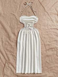 Soleia Vacation Halter Tie Neck Hollow Out High Slit Backless Tie Waist Midi Dress, Blue, Suitable For Vacation, Music Festival, Bohemian, Holiday, Date, Afternoon Tea - Beige - View 2