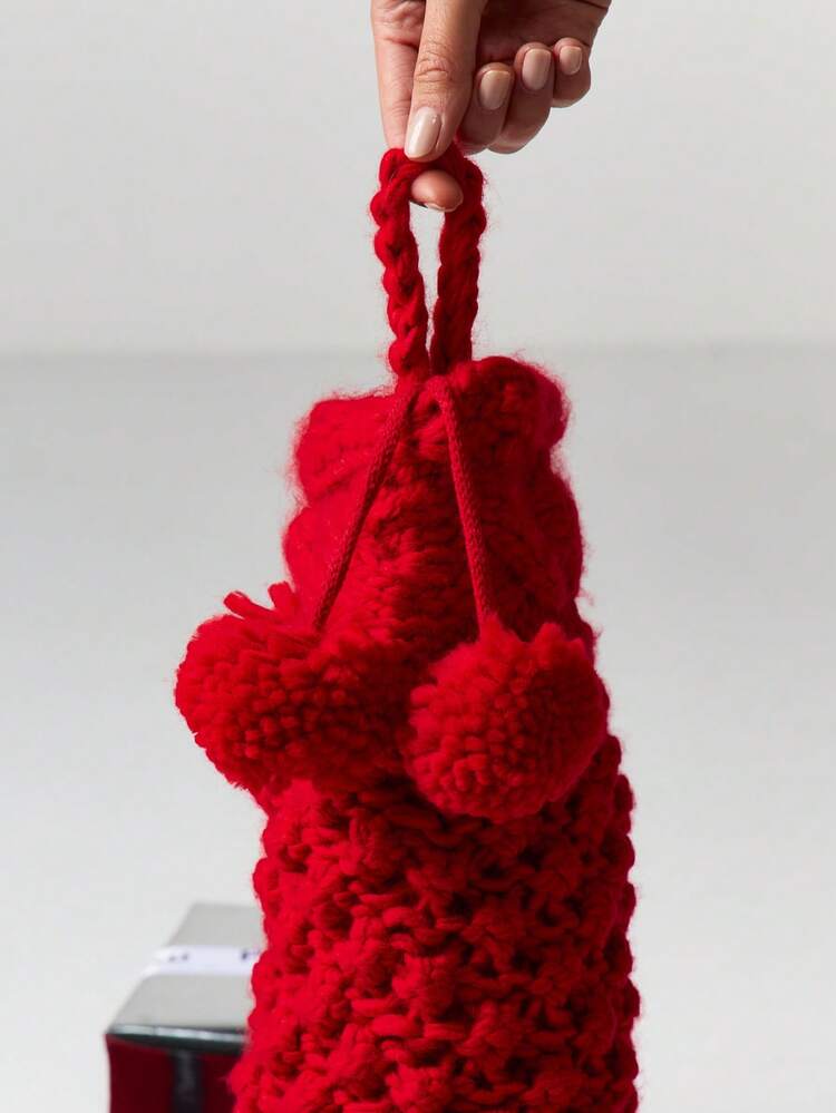 MISSGUIDED Chunky Knit Christmas Stocking With Pom Pom Details Holiday Decoration