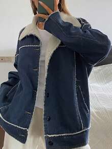 Livesso Damen lässige, weite Denim Jacke mit Umlegekragen, Herbst - Blau - Übersicht 1