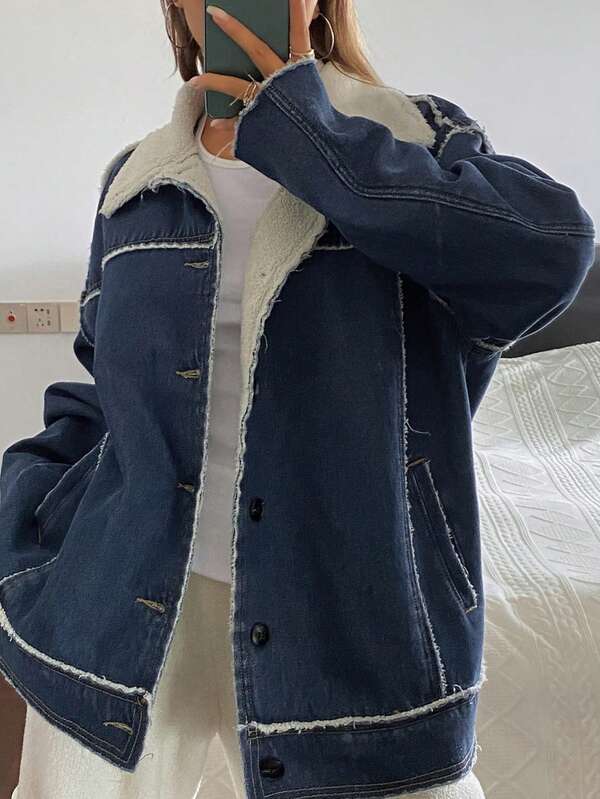 Livesso 女士休闲宽松牛仔外套，翻领设计，秋季款