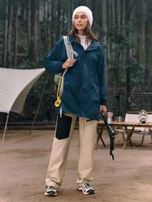 In My Nature Áo khoác gió/áo mưa ngoài trời dành cho nữ, màu trơn, có mũ trùm đầu, dây rút eo, chống thấm nước, đồ mặc nhà cho nữ. - Màu xanh hải quân - Xem 8