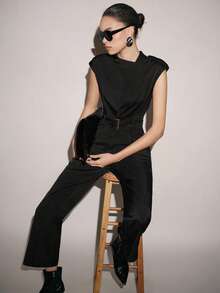 Lumivelle Women's Autumn New Asymmetrical Collar Shoulder Pad Belt Decor Slimming Jumpsuit - Black - View 1