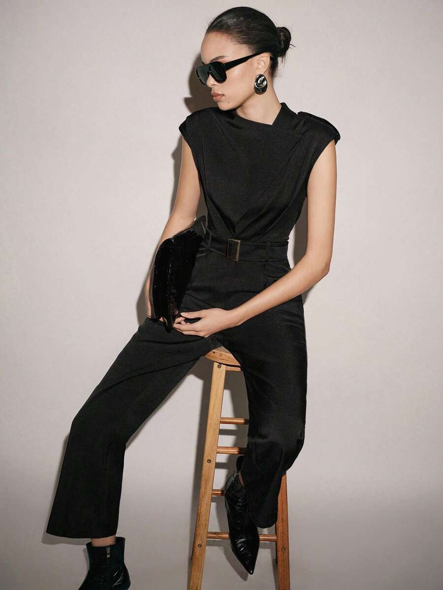 Lumivelle Women's Autumn New Asymmetrical Collar Shoulder Pad Belt Decor Slimming Jumpsuit - Black - View 1
