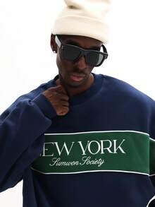 SUMWON Sweat-shirt-shirt color block pour hommes avec imprimé "New York Sunwon Society" sur la poitrine, manches longues, col ras-du-cou, pull décontracté - Bleu azur - Voir 3