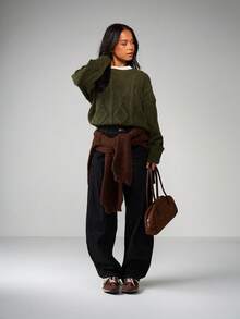 MISSGUIDED 橄榄绿麻花针织套头毛衣，冬季舒适，质感十足，长袖套头衫，秋季时尚单品 - 墨綠色 - 查看 3